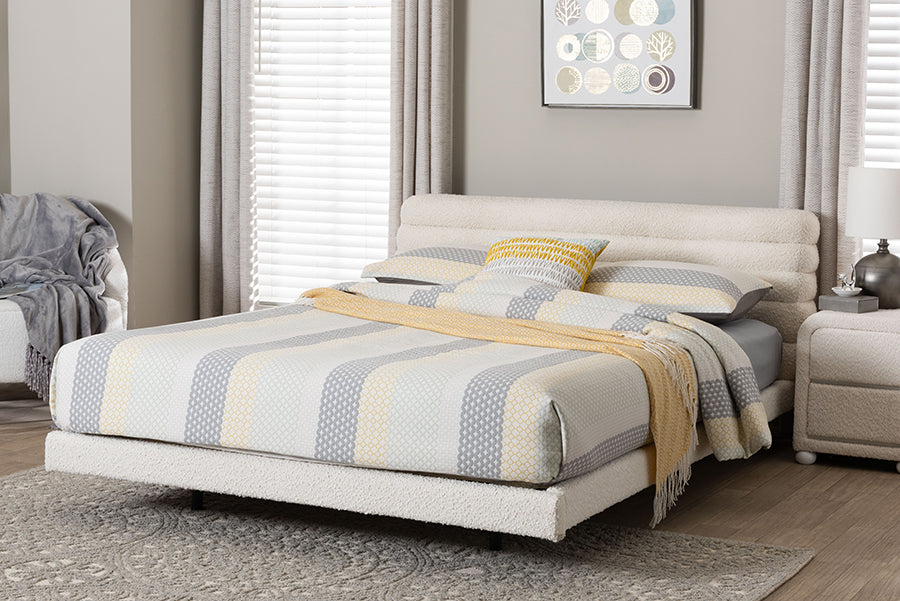 Baxton Studio Alfie Boucle Floating Bed with Channel Tufted Headboard - Low Profile Minimalist Platform Bed Frame, Cream, King