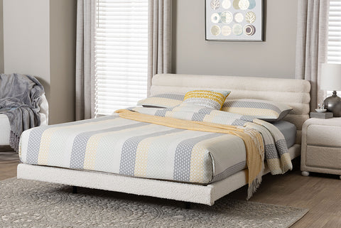 Baxton Studio Alfie Boucle Floating Bed with Channel Tufted Headboard - Low Profile Minimalist Platform Bed Frame, Cream, King