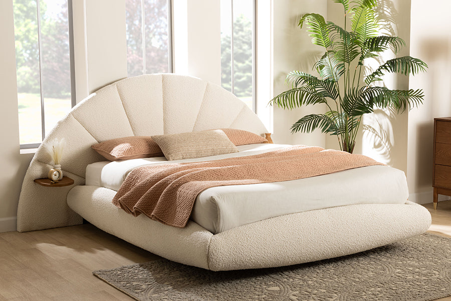 Baxton Studio Cherise Modern Cream Boucle Fabric Queen Floating Bed with Built-In Shelves