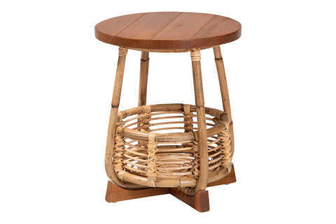 bali & pari Derenik Natural Rattan and Mahogany Wood End Table - Boho Accent Side Table with Woven Basket Base, Coastal Style Nightstand or Living Room Table