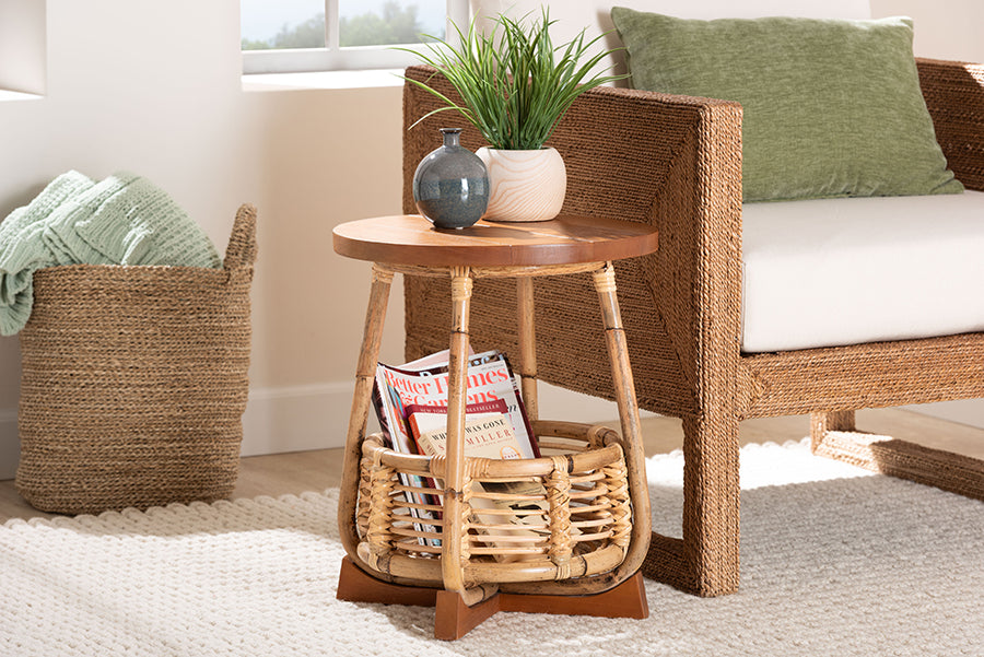 bali & pari Derenik Natural Rattan and Mahogany Wood End Table - Boho Accent Side Table with Woven Basket Base, Coastal Style Nightstand or Living Room Table