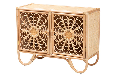 bali & pari Acelin Natural Rattan Storage Cabinet - Handcrafted Boho Accent Console with Floral Woven Doors, Natural Wicker Sideboard for Living Room or Entryway