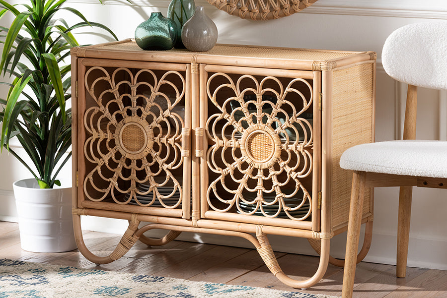 bali & pari Acelin Natural Rattan Storage Cabinet - Handcrafted Boho Accent Console with Floral Woven Doors, Natural Wicker Sideboard for Living Room or Entryway