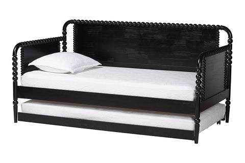 Baxton Studio Lucera Bobbin Daybed with Rolling Trundle - Wooden Bed Frame with Turned Spindle Detailing, Classic Style Sofa Bed for Bedroom or Guest Room, Twin, Black