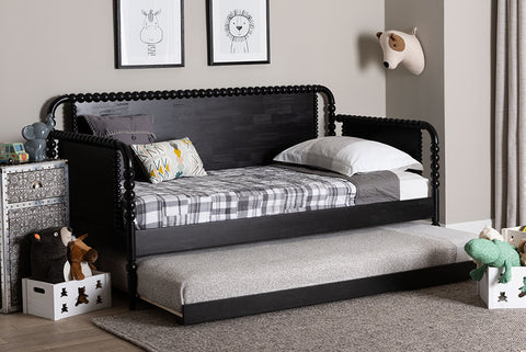 Baxton Studio Lucera Bobbin Daybed with Rolling Trundle - Wooden Bed Frame with Turned Spindle Detailing, Classic Style Sofa Bed for Bedroom or Guest Room, Twin, Black