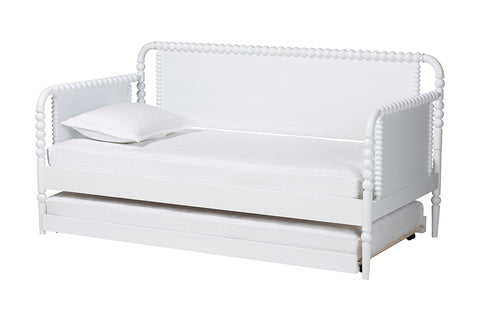 Baxton Studio Lucera Bobbin Daybed with Rolling Trundle - Wooden Bed Frame with Turned Spindle Detailing, Classic Style Sofa Bed for Bedroom or Guest Room, Twin, White