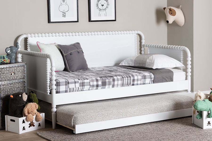 Baxton Studio Lucera Bobbin Daybed with Rolling Trundle - Wooden Bed Frame with Turned Spindle Detailing, Classic Style Sofa Bed for Bedroom or Guest Room, Twin, White