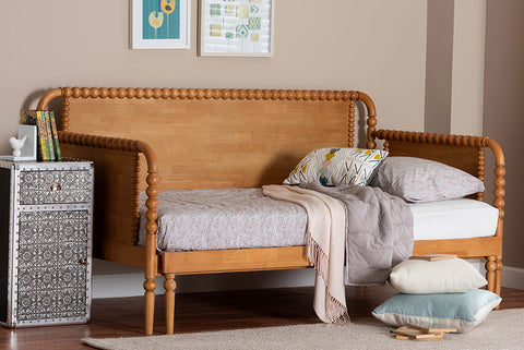 Baxton Studio Lucera Bobbin Twin-To-King Expandable Daybed - Wood Bed Frame with Turned Spindle Detailing, Classic Style Sofa Bed for Bedroom or Guest Room, Oak Brown