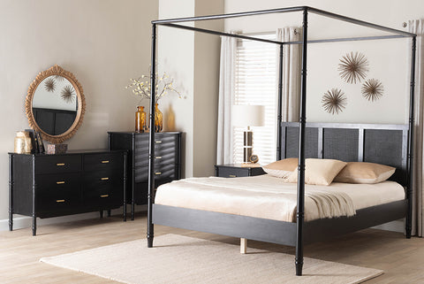 Baxton Studio Marisela 4-Piece Black Bedroom Set - Canopy Bed with Synthetic Rattan Headboard, Matching Dresser, Chest, and Nightstand, Modern Transitional Wood Bedroom Furniture Collection, Queen