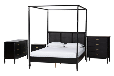 Baxton Studio Marisela 4-Piece Black Bedroom Set - Canopy Bed with Synthetic Rattan Headboard, Matching Dresser, Chest, and Nightstand, Modern Transitional Wood Bedroom Furniture Collection, Queen