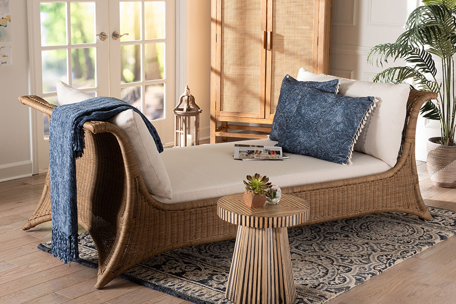 bali & pari Kalisha Natural Rattan Daybed with Cushions - Coastal Boho Indoor Lounge Sofa Bench for Living Room, Sunroom, or Bedroom Relaxation