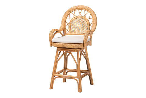 bali & pari Adam Natural Rattan Counter Stool with Cushion - Handwoven Wicker Swivel Bar Chair for Kitchen Island or Lounge Area