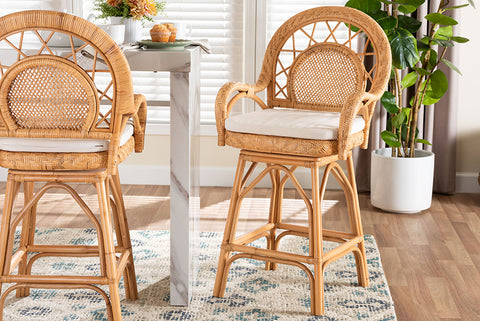 bali & pari Adam Natural Rattan Counter Stool with Cushion - Handwoven Wicker Swivel Bar Chair for Kitchen Island or Lounge Area