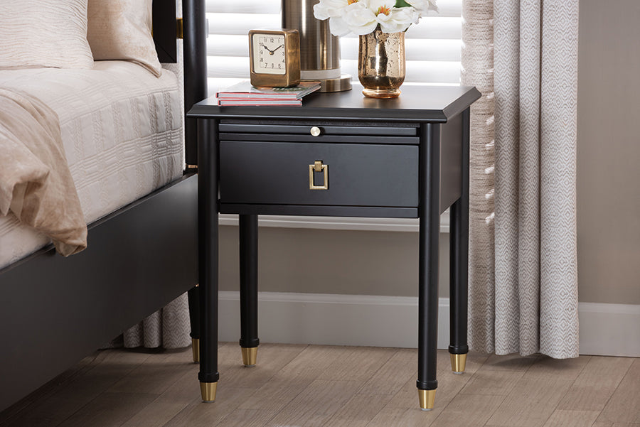 Baxton Studio Tamra Black Wood Nightstand with Pullout Shelf - Modern Transitional Bedside Table with Metallic Accents