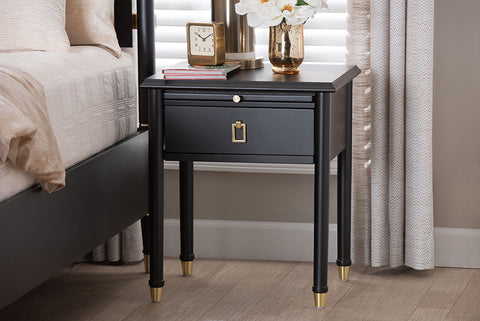 Baxton Studio Tamra Black Wood Nightstand with Pullout Shelf - Modern Transitional Bedside Table with Metallic Accents