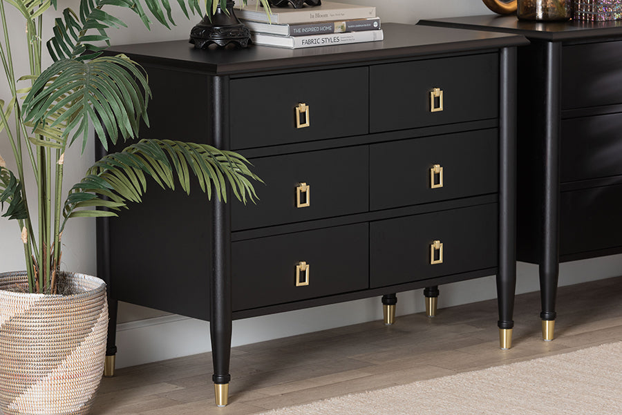 Baxton Studio Tamra Black Wood Chest with Drawers - Bedroom Storage Unit with Metallic Accents, 6-Drawer Modern Transitional Bedroom Storage Solution