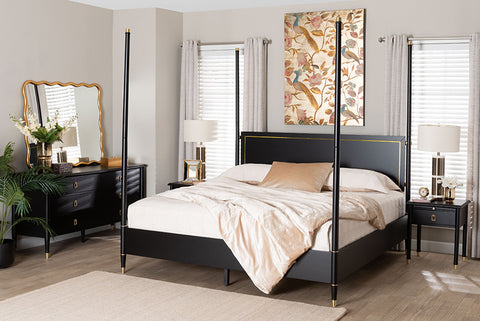 Baxton Studio Tamra Four-Poster Platform Bedroom Set - Black Wood Bed Frame with Matching Dresser and Two Nightstands, Modern Transitional Bedroom Furniture, King