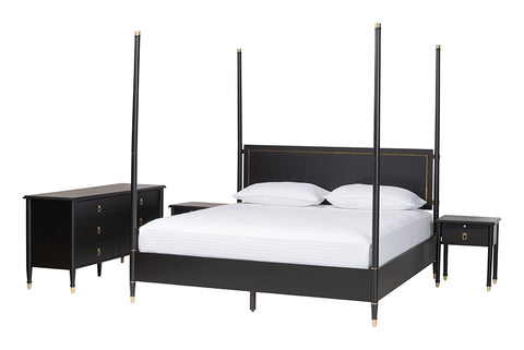 Baxton Studio Tamra Four-Poster Platform Bedroom Set - Black Wood Bed Frame with Matching Dresser and Two Nightstands, Modern Transitional Bedroom Furniture, King