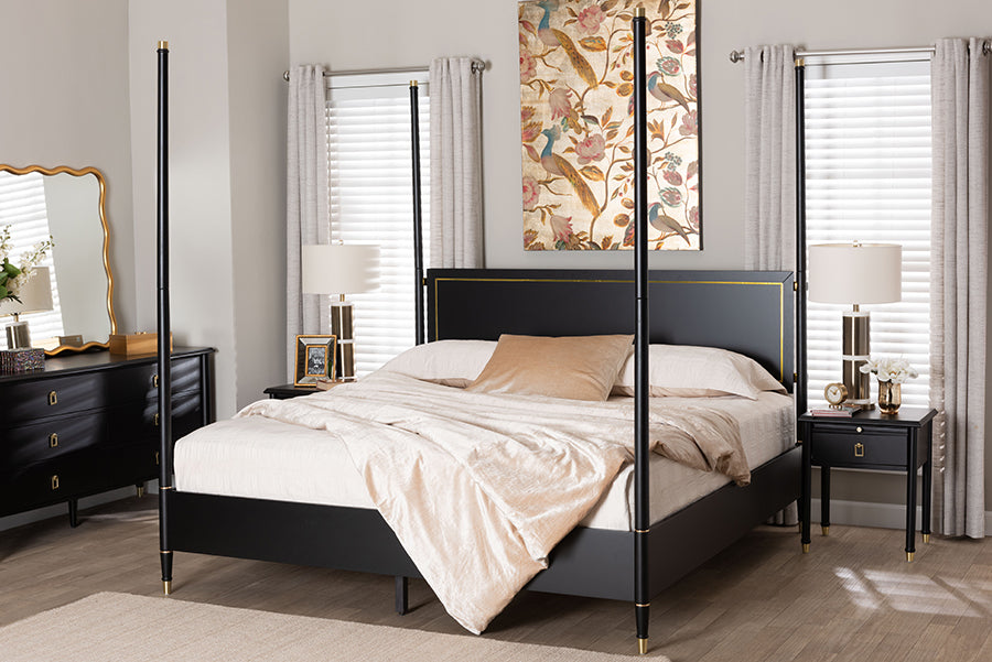 Baxton Studio Tamra Four-Poster Platform Bed - Black Wood Bed Frame with Metallic Trim and Capped Legs, Modern Transitional Bedroom Furniture, King