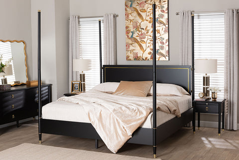 Baxton Studio Tamra Four-Poster Platform Bed - Black Wood Bed Frame with Metallic Trim and Capped Legs, Modern Transitional Bedroom Furniture, King