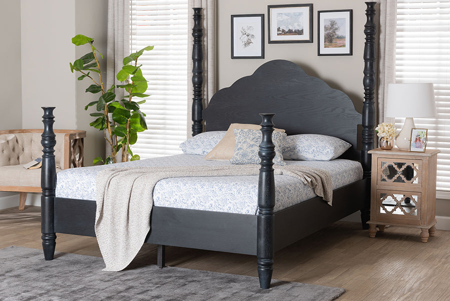 Baxton Studio Martino Four-Poster Platform Bed - Sculpted Post Bed Frame with Panel Headboard, Vintage Spindle Bed, Black, Queen
