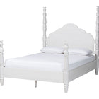 Baxton Studio Martino Four-Poster Platform Bed - Sculpted Post Bed Frame with Panel Headboard, Vintage Spindle Bed, White, Queen
