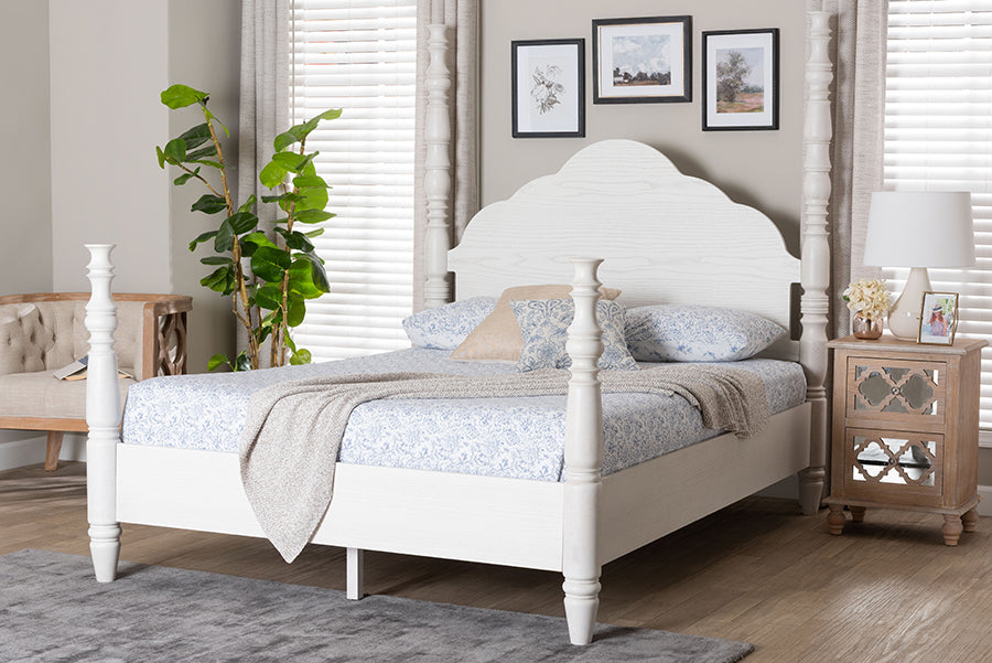 Baxton Studio Martino Four-Poster Platform Bed - Sculpted Post Bed Frame with Panel Headboard, Vintage Spindle Bed, White, King