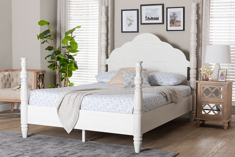 Baxton Studio Martino Four-Poster Platform Bed - Sculpted Post Bed Frame with Panel Headboard, Vintage Spindle Bed, White, Queen