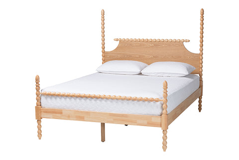 Baxton Studio Caliana Bobbin Four-Poster Platform Bed - Wooden Bed Frame with Turned Spindle Posts and Panel Headboard, Vintage-Inspired Bedroom Furniture, Natural Brown, King