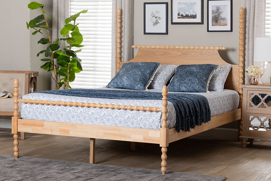 Baxton Studio Caliana Bobbin Four-Poster Platform Bed - Wooden Bed Frame with Turned Spindle Posts and Panel Headboard, Vintage-Inspired Bedroom Furniture, Natural Brown, Queen