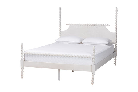 Baxton Studio Caliana Bobbin Four-Poster Platform Bed - Wooden Bed Frame with Turned Spindle Posts and Panel Headboard, Vintage-Inspired Bedroom Furniture, White, Queen