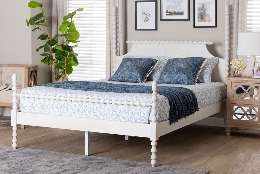 Baxton Studio Caliana Bobbin Four-Poster Platform Bed - Wooden Bed Frame with Turned Spindle Posts and Panel Headboard, Vintage-Inspired Bedroom Furniture, White, King