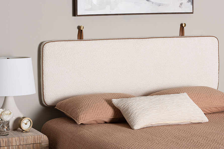Baxton Studio Belden Boucle Upholstered Wall-Mounted Headboard - Padded Cushion Panel with Faux Leather Piping, Modern Bedroom Accent Piece, Cream, Queen