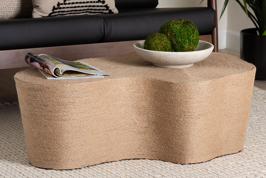 bali & pari Edna Natural Jute Coffee Table - Textured Handwoven Irregular Shape Cocktail Table for Living Room or Lounge