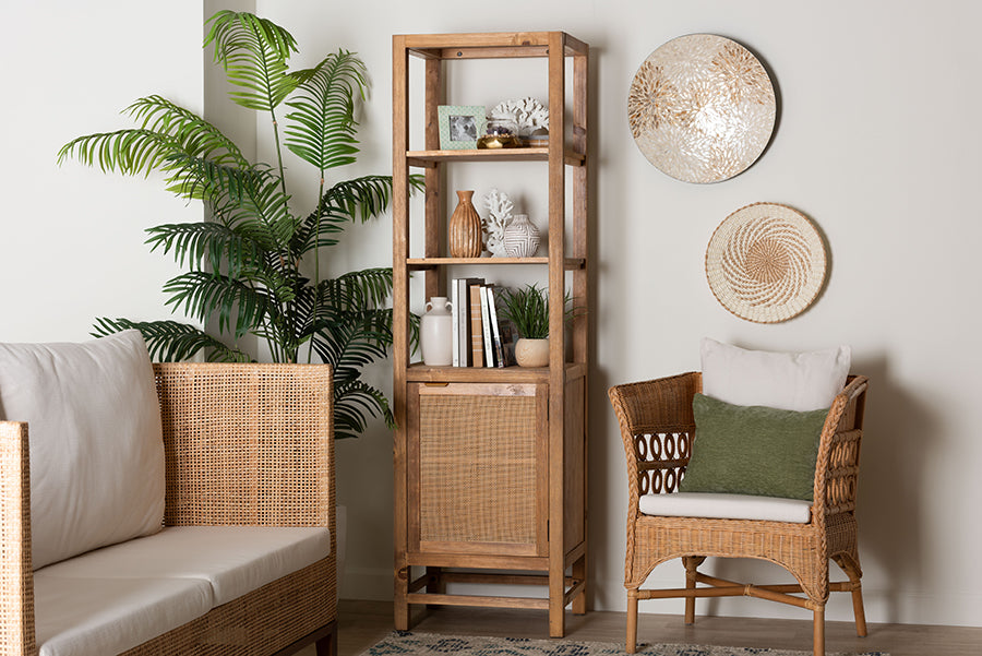 bali & pari Sibu Storage Cabinet with Rattan Door - Tall Accent Display Tower with Open Shelves and Cabinet for Living Room, Bedroom or Office