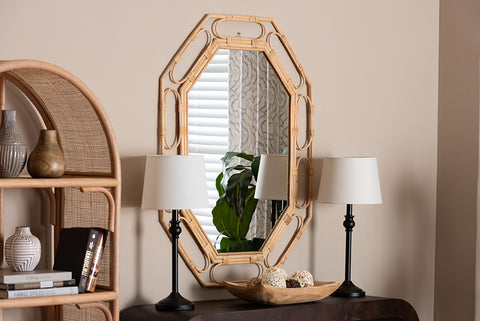 bali & pari Remedy Octagonal Natural Rattan Wall Mirror - Handwoven Accent Mirror with Open Loop Detailing, Boho Coastal Style for Entryway, Bedroom, or Living Room Decor