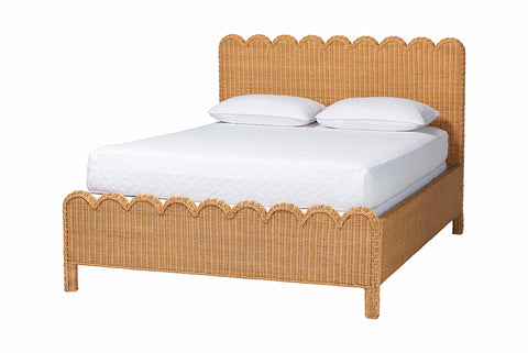 bali & pari Maritza Scalloped Natural Rattan Bed Frame - Handwoven Wicker Headboard and Footboard with Decorative Edge Detail, Boho Coastal Style for Bedroom, King