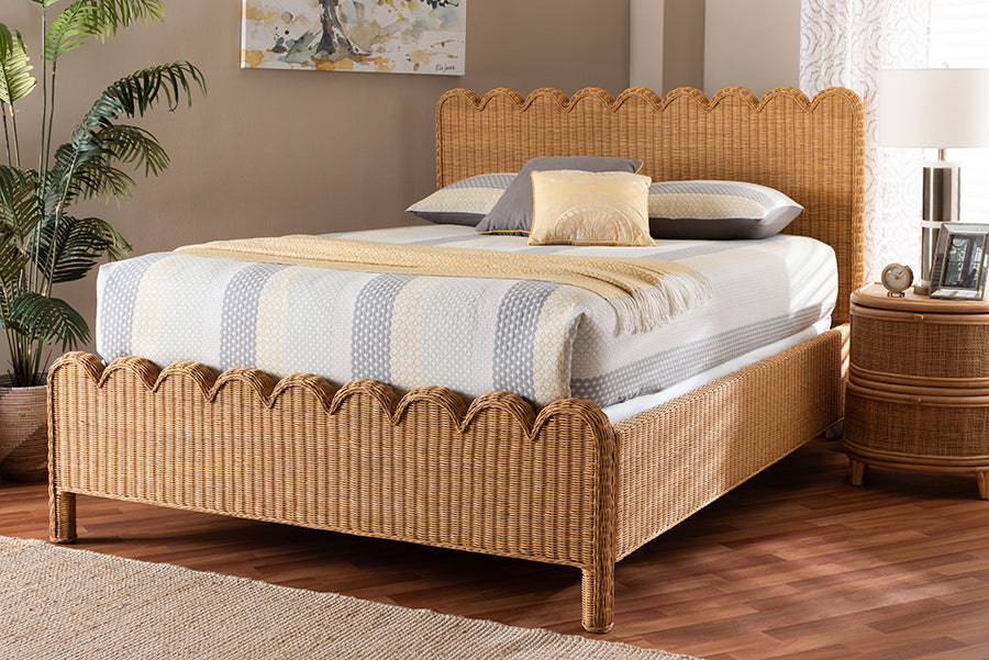 bali & pari Maritza Scalloped Natural Rattan Bed Frame - Handwoven Wicker Headboard and Footboard with Decorative Edge Detail, Boho Coastal Style for Bedroom, Queen