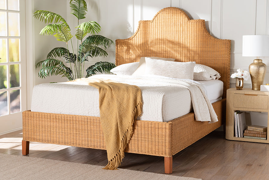bali & pari Melanie Natural Rattan Bed - Coastal Boho Bed Frame with Scalloped Headboard, King