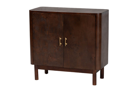 bali & pari Latika Real Burl Wood Storage Cabinet in Dark Walnut Brown - Modern Accent Cupboard with Double Doors and Brass Handles, Elegant Sideboard for Entryway, Living Room, or Dining Area