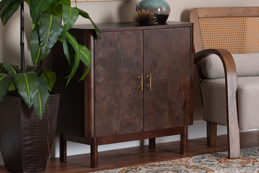bali & pari Latika Real Burl Wood Storage Cabinet in Dark Walnut Brown - Modern Accent Cupboard with Double Doors and Brass Handles, Elegant Sideboard for Entryway, Living Room, or Dining Area