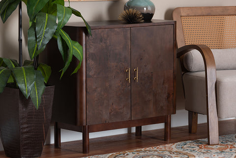 bali & pari Latika Real Burl Wood Storage Cabinet in Dark Walnut Brown - Modern Accent Cupboard with Double Doors and Brass Handles, Elegant Sideboard for Entryway, Living Room, or Dining Area