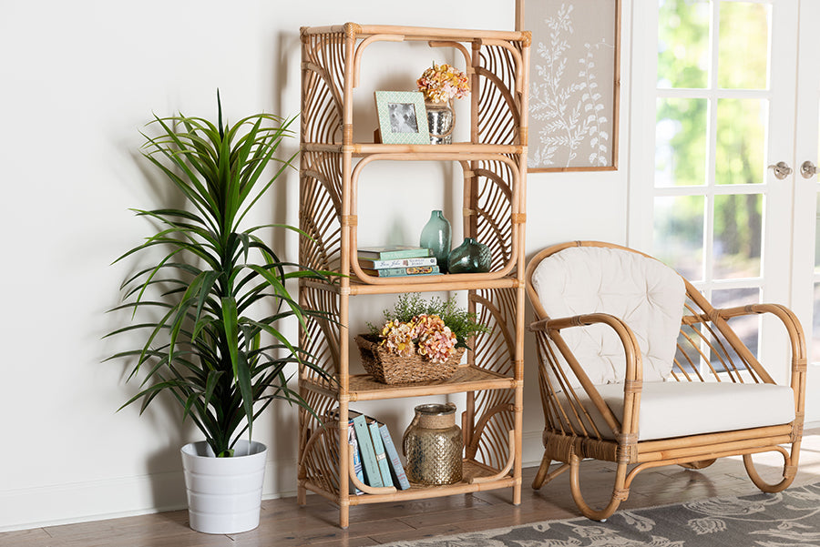 bali & pari Baara Natural Rattan 4-Tier Display Shelf - Handcrafted Bookcase with Openwork Side Panels, Boho Coastal Design for Living Room or Bedroom