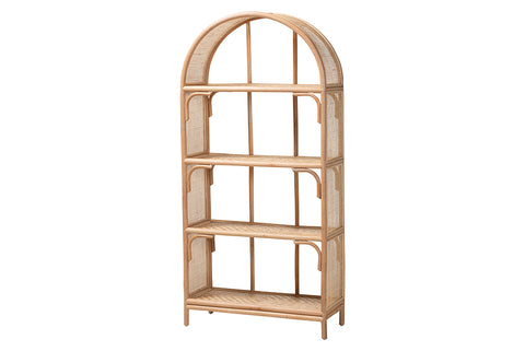 bali & pari Natania Natural Rattan 4-Tier Display Shelf - Handwoven Arched Bookcase with Webbed Side Panels, Boho Coastal Design for Living Room, Entryway, or Bedroom