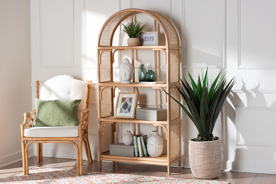 bali & pari Natania Natural Rattan 4-Tier Display Shelf - Handwoven Arched Bookcase with Webbed Side Panels, Boho Coastal Design for Living Room, Entryway, or Bedroom