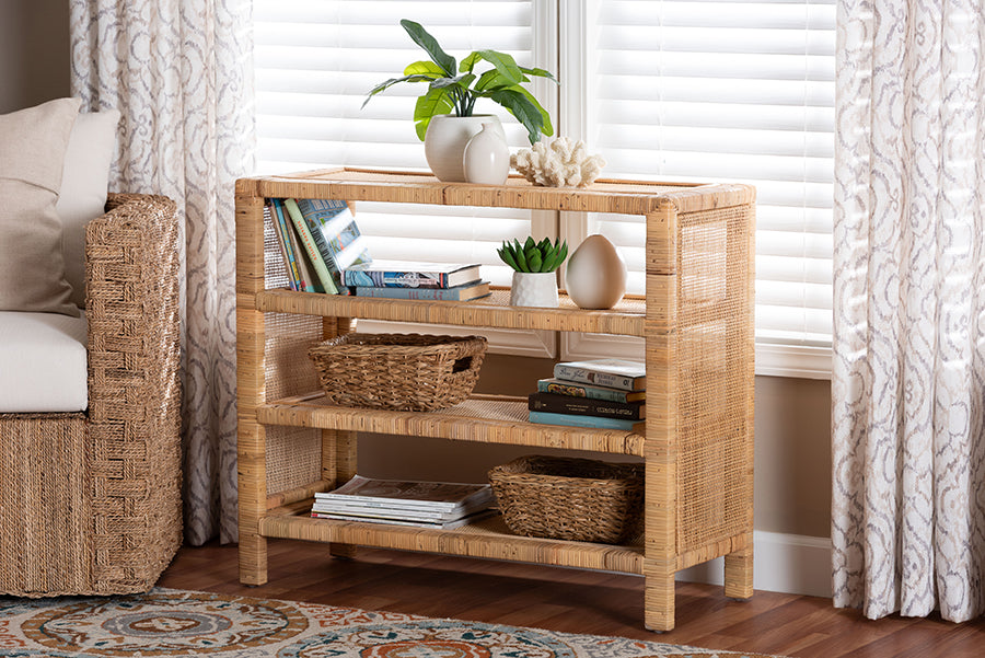 bali & pari Abelia Natural Rattan 4-Tier Display Shelf - Handwoven Boho Coastal Bookcase or Entryway Storage, Lightweight Wicker Accent Furniture