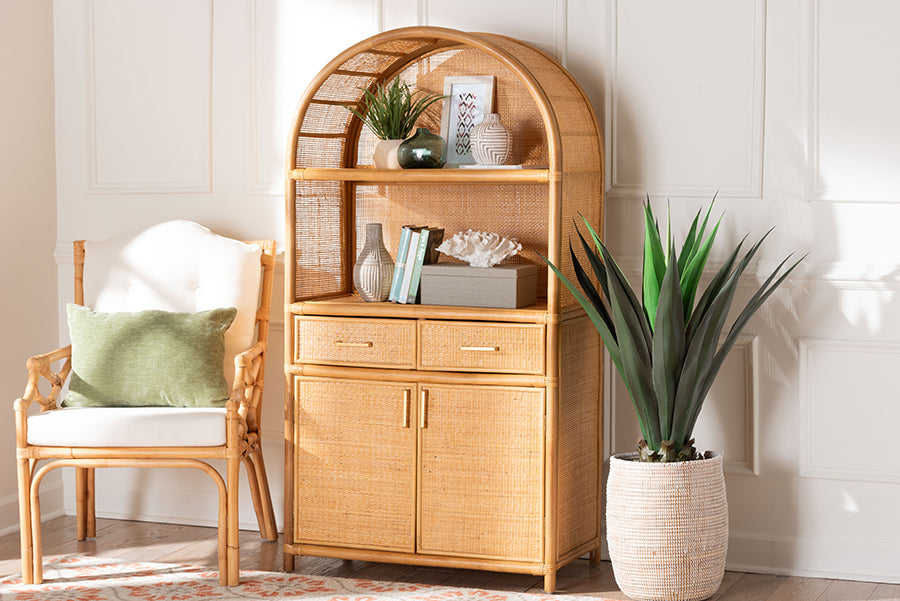 bali & pari Mairen Arched Natural Rattan Storage Cabinet -  Handwoven Pole Rattan Hutch with Two Drawers and Doors, Boho Coastal Display Cabinet for Dining Room or Living Space