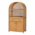 bali & pari Mairen Arched Natural Rattan Storage Cabinet -  Handwoven Pole Rattan Hutch with Two Drawers and Doors, Boho Coastal Display Cabinet for Dining Room or Living Space