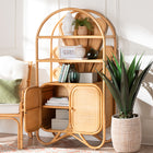 bali & pari Noreen Peacock Fan Natural Rattan Cabinet - Handcrafted Rattan Pole Hutch with Woven Doors and Shelves, Boho Coastal Accent Shelving and Display Unit