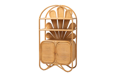 bali & pari Noreen Peacock Fan Natural Rattan Cabinet - Handcrafted Rattan Pole Hutch with Woven Doors and Shelves, Boho Coastal Accent Shelving and Display Unit